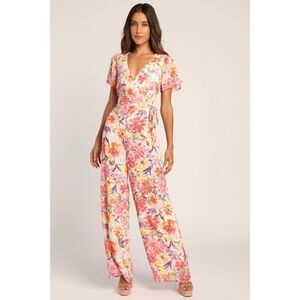 Lulus Petal Princess Cream Multi Floral Wide-Leg
Jumpsuit, Size Small